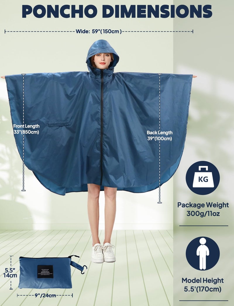 ANYOO Waterproof Rain Poncho Lightweight Reusable Hiking Hooded Coat Jacket for Outdoor Activities(Sea Blue) One Size - Image 2